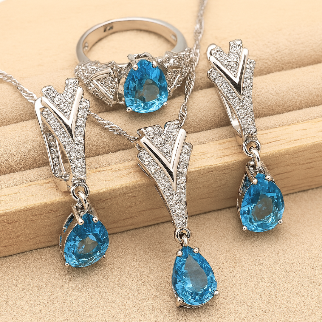 Eternal Harmony - Celestial Duo-Tone 925 Silver Crystal Bridal Set – Bracelet, Pendant Necklace, Ring & Long Earrings