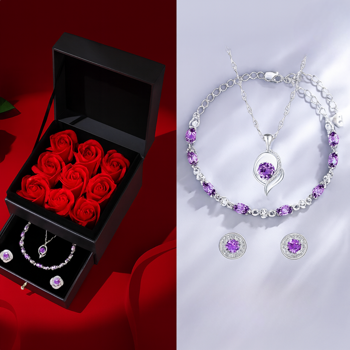 Bloom of Love Jewelry Box -  Necklace, bracelet, earrings in Rose Gift Box - Sterling silver 3pcs Jewelry set - Valentine gift,