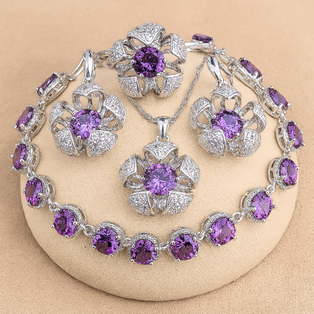 Floral Cage Radiance - Sterling Silver Zircon Bridal Jewelry Set – Necklace, Earrings, Pendant, Ring & Bracelet