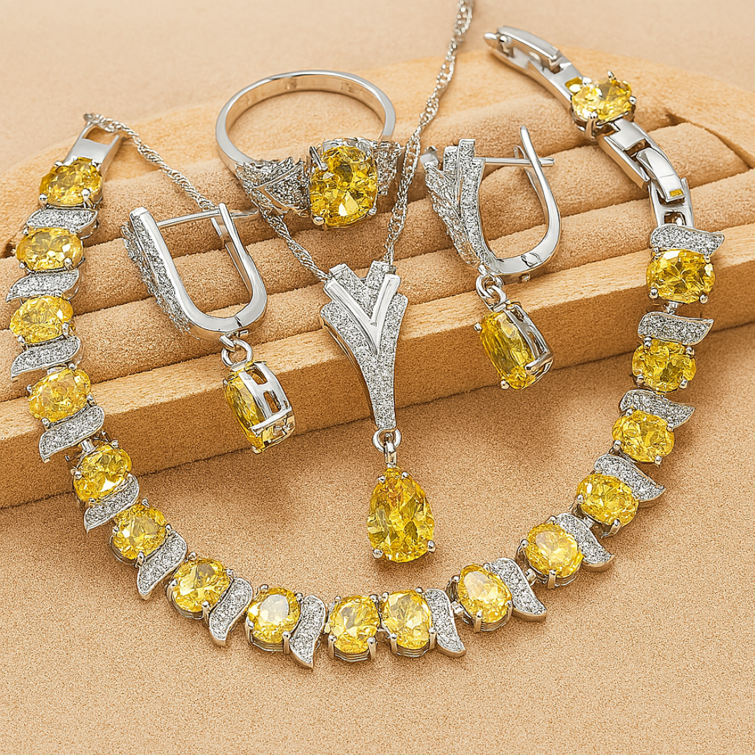 Eternal Harmony - Celestial Duo-Tone 925 Silver Crystal Bridal Set – Bracelet, Pendant Necklace, Ring & Long Earrings