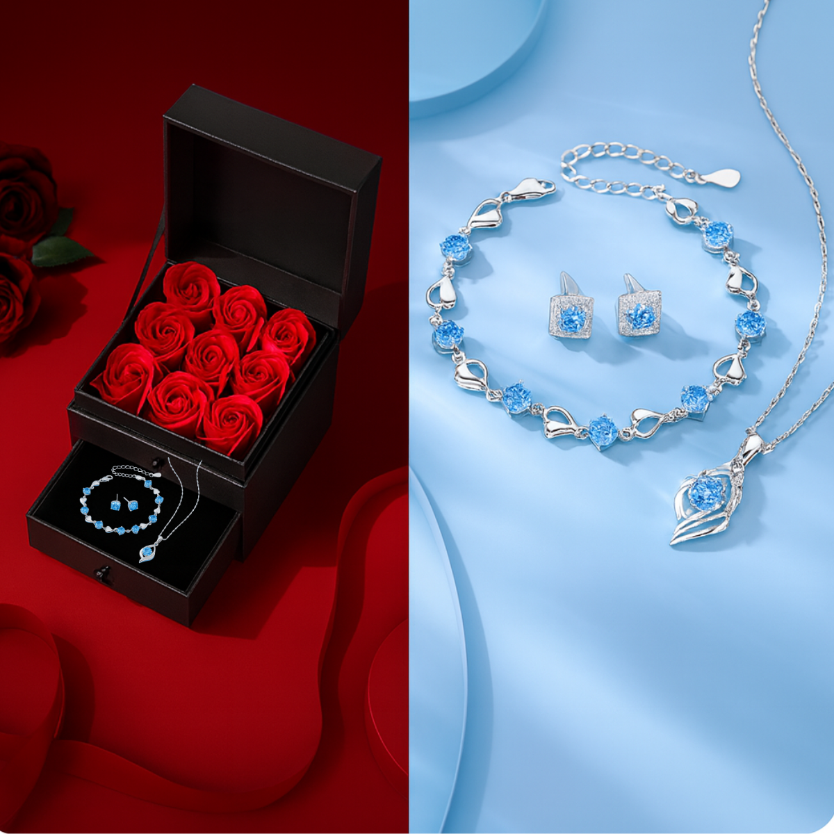 Bloom of Love Jewelry Box -  Necklace, bracelet, earrings in Rose Gift Box - Sterling silver 3pcs Jewelry set - Valentine gift,