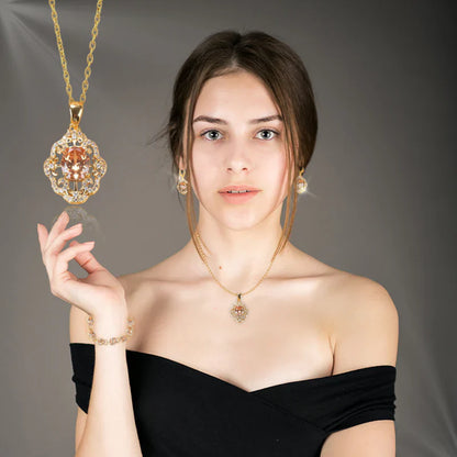 Truly Aurora 18K Gold Gemstone Pendant Earring Bracelet & Ring Set For Women