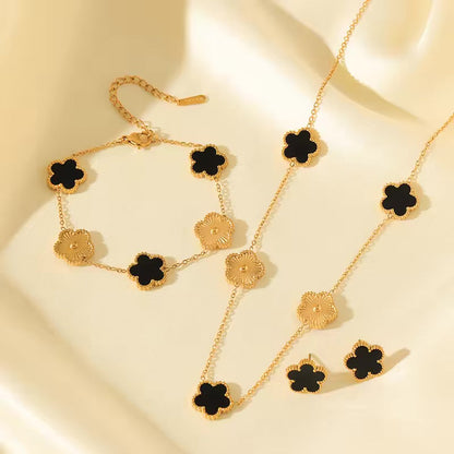Clover Leaf - Black Reversible Leaf Clover Necklace Bracelets Earrings Set For Women Fashion Jewelry