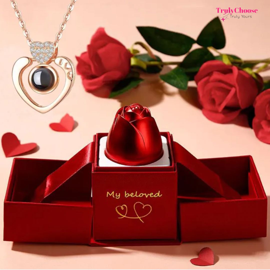 100 Languages I Love You Pendant Sterling Silver Necklace - With Real Rose