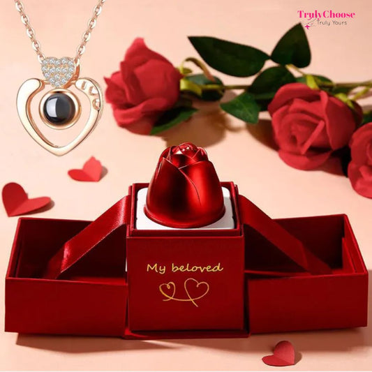100 Languages I Love You Pendant Sterling Silver Necklace - With Real Rose