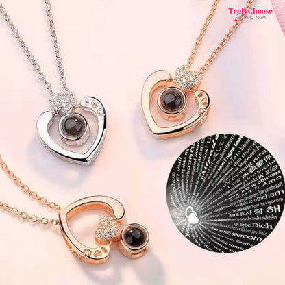 100 Languages I Love You Pendant Sterling Silver Necklace - With Real Rose