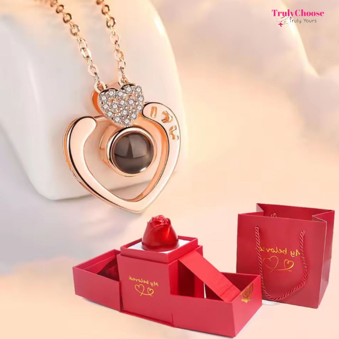 100 Languages I Love You Pendant Sterling Silver Necklace - With Real Rose