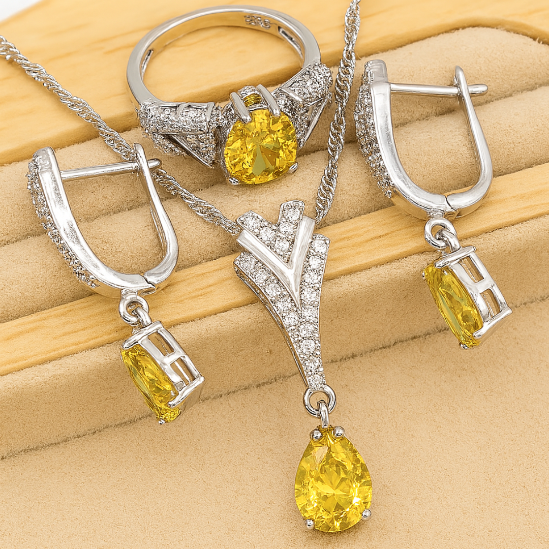 Eternal Harmony - Celestial Duo-Tone 925 Silver Crystal Bridal Set – Bracelet, Pendant Necklace, Ring & Long Earrings