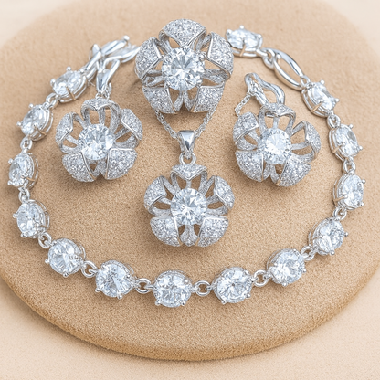 Floral Cage Radiance - Sterling Silver Zircon Bridal Jewelry Set – Necklace, Earrings, Pendant, Ring & Bracelet