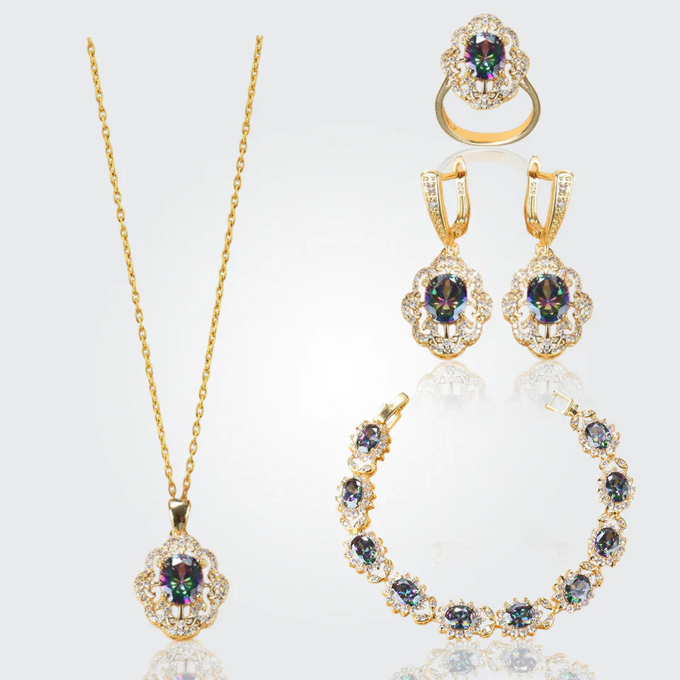 Truly Aurora 18K Gold Gemstone Pendant Earring Bracelet & Ring Set For Women