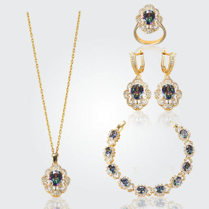 Truly Aurora 18K Gold Gemstone Pendant Earring Bracelet & Ring Set For Women