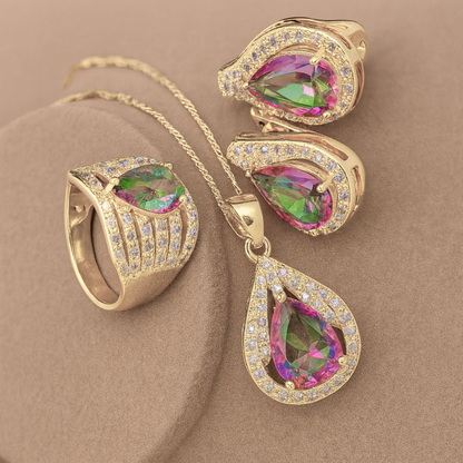 Rainbow Zircon Water-Drop - 925 Sterling Silver Water-Drop Rainbow Zircon Bridal Jewelry Set: Bracelet, Earrings, Necklace, Pendant & Ring