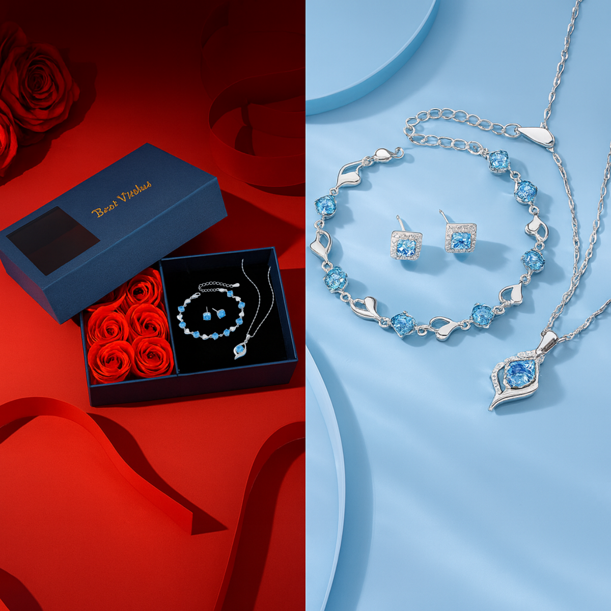 Bloom of Love Jewelry Box -  Necklace, bracelet, earrings in Rose Gift Box - Sterling silver 3pcs Jewelry set - Valentine gift,