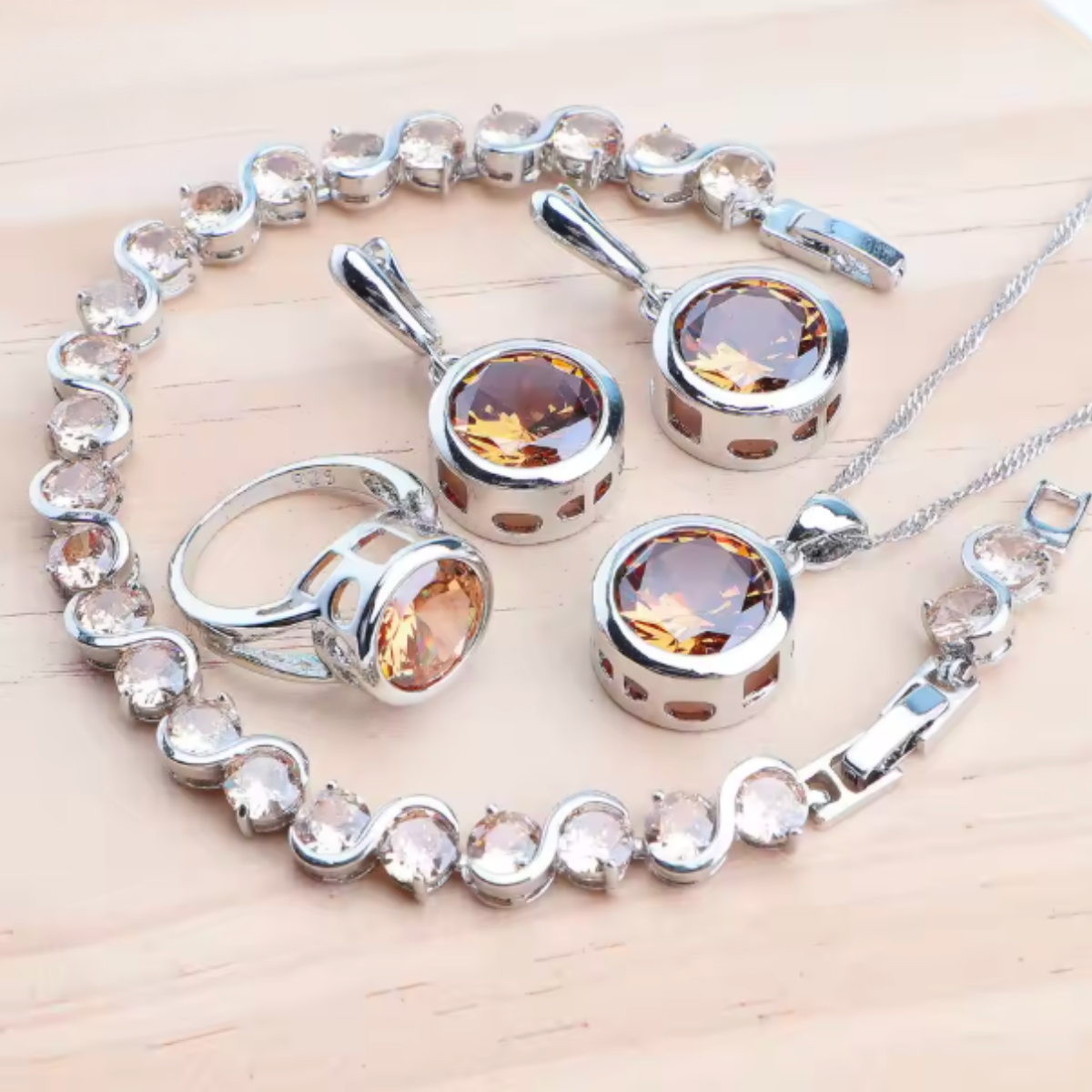 CelestiaZir | Sterling Silver Rainbow Zircon Earrings Ring Bracelets Pendant Bridal Set