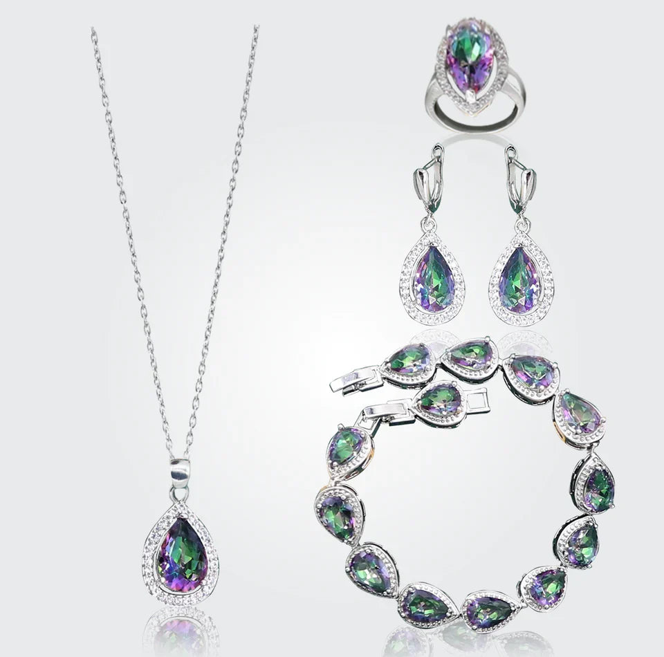 Truly Christine Silver Hand - Crafted Gemstone Pendant Earring Bracelet & Ring Set For Women