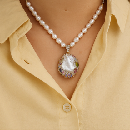 Sekhmet’s Glow - ✨ Baroque Pearl & Tourmaline Medieval-Inspired Necklace – European Vintage Czech Diamond Accent