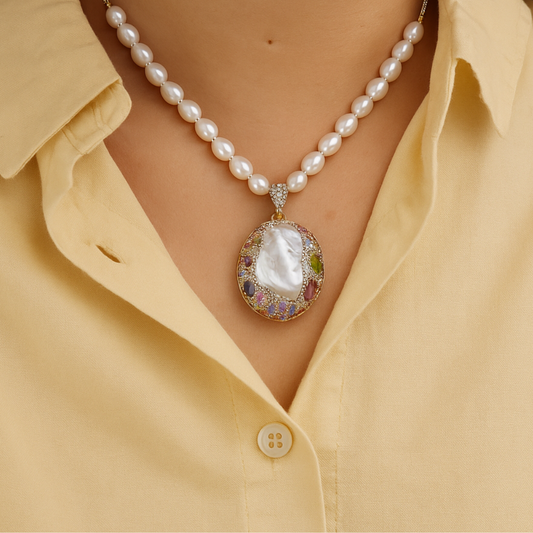 Sekhmet’s Glow - ✨ Baroque Pearl & Tourmaline Medieval-Inspired Necklace – European Vintage Czech Diamond Accent
