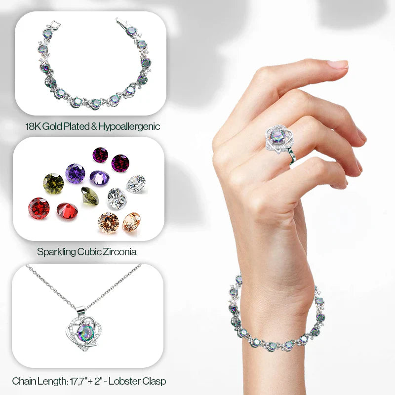 Royal Heart-Shaped Silver Hand - Crafted Gemstone Pendant Earring Bracelet & Ring Set For Women