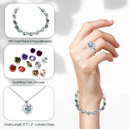 Royal Heart-Shaped Silver Hand - Crafted Gemstone Pendant Earring Bracelet & Ring Set For Women