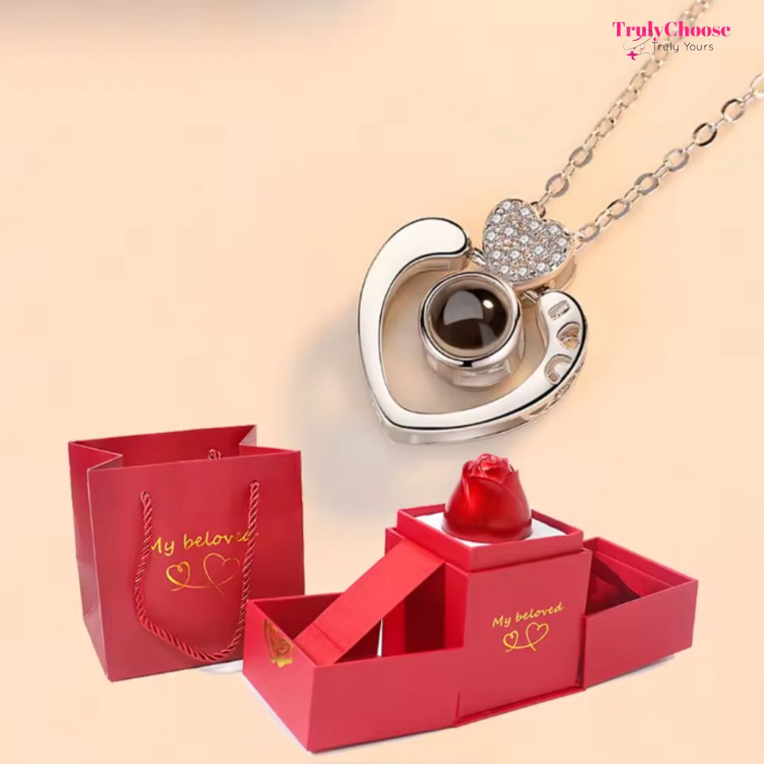 100 Languages I Love You Pendant Sterling Silver Necklace - With Real Rose