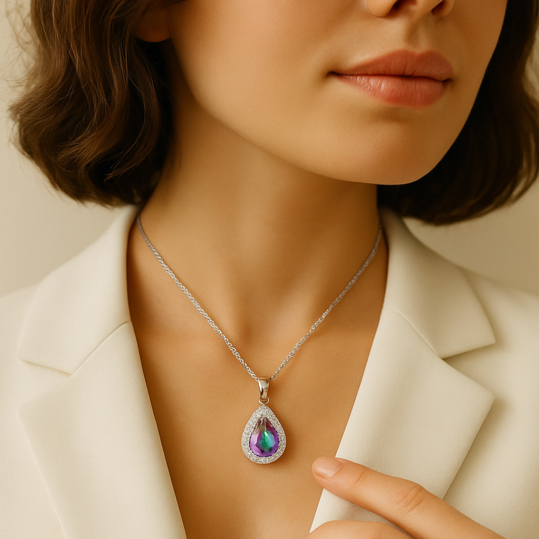 Rainbow Zircon Water-Drop - 925 Sterling Silver Water-Drop Rainbow Zircon Bridal Jewelry Set: Bracelet, Earrings, Necklace, Pendant & Ring
