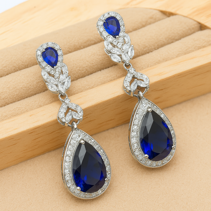 Aqua Radiance Zircon Set - 925 Sterling Silver Water-Drop Zircon Jewelry Set for Women: Blue & White Bracelet, Earrings, Necklace, Pendant & Ring