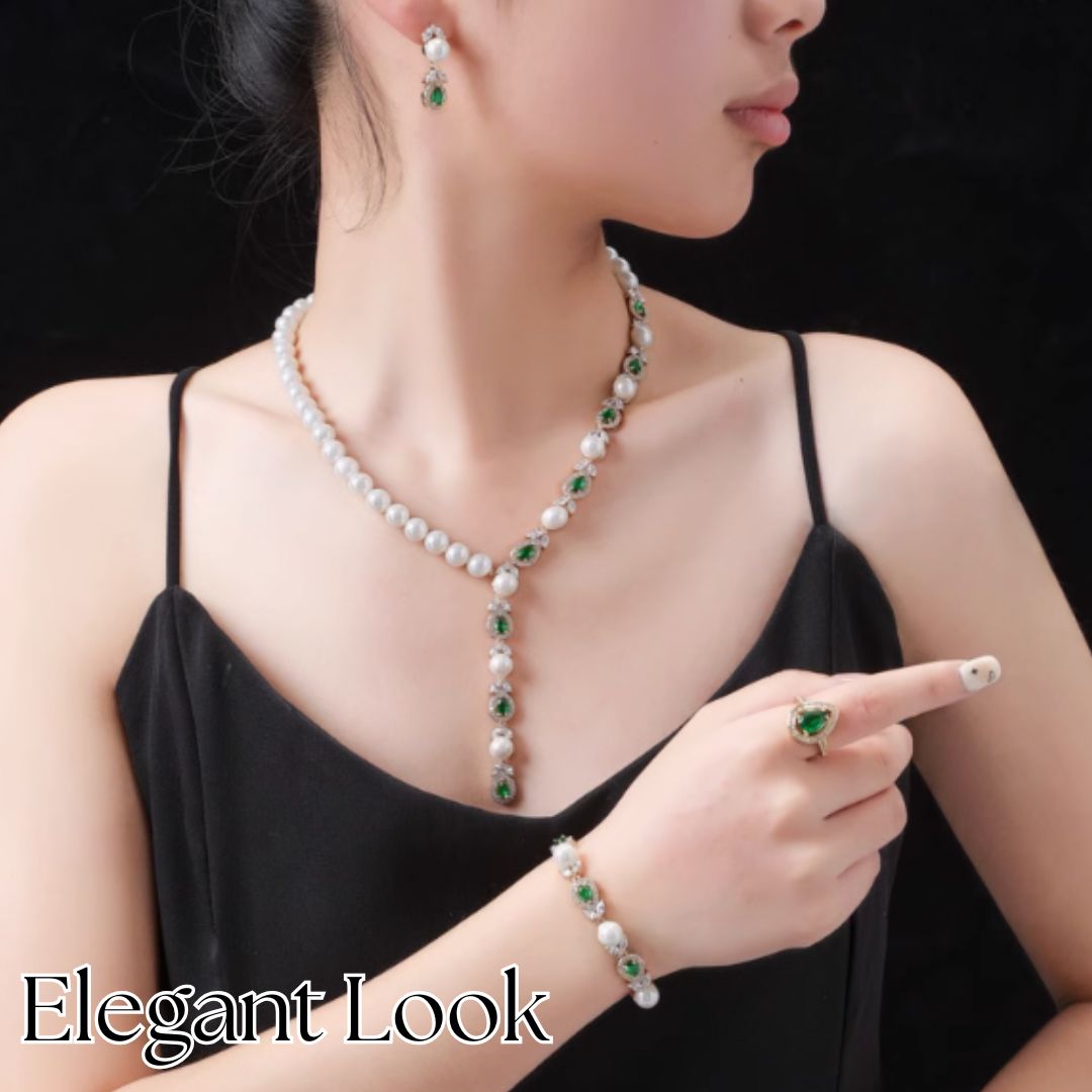 Luxeora Luxury Jewelry Set - Elegant Pearl Studded Zircon Bracelet Necklace Earrings & Ring Set