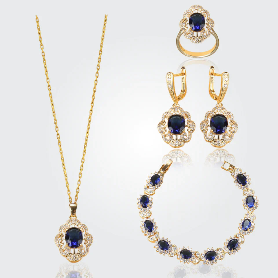 Truly Aurora 18K Gold Gemstone Pendant Earring Bracelet & Ring Set For Women