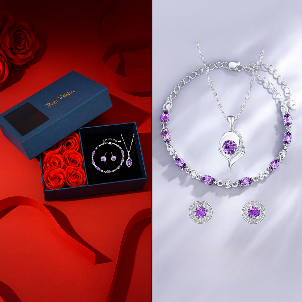 Bloom of Love Jewelry Box -  Necklace, bracelet, earrings in Rose Gift Box - Sterling silver 3pcs Jewelry set - Valentine gift,