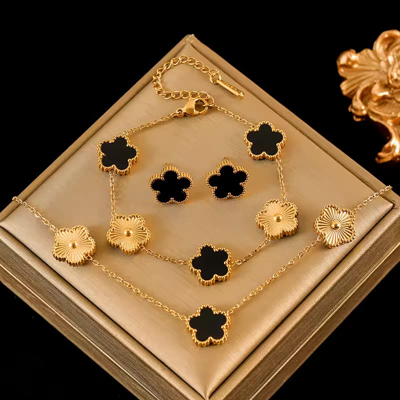 Clover Leaf - Black Reversible Leaf Clover Necklace Bracelets Earrings Set For Women Fashion Jewelry