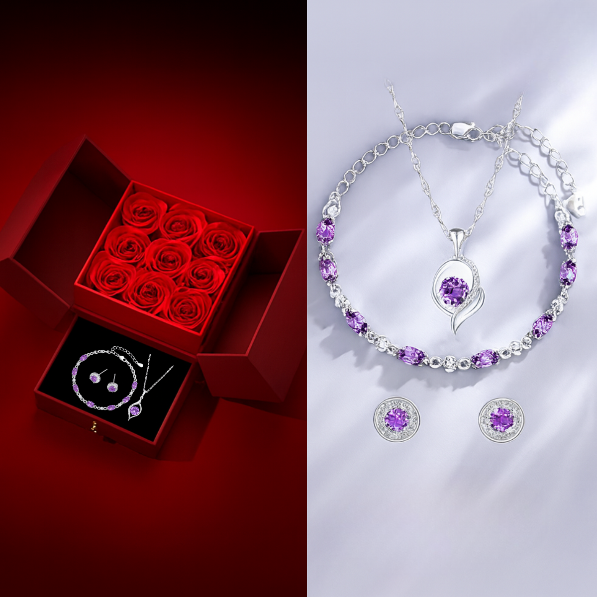 Bloom of Love Jewelry Box -  Necklace, bracelet, earrings in Rose Gift Box - Sterling silver 3pcs Jewelry set - Valentine gift,