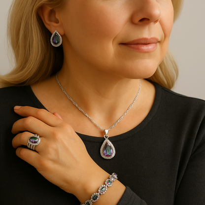 Rainbow Zircon Water-Drop - 925 Sterling Silver Water-Drop Rainbow Zircon Bridal Jewelry Set: Bracelet, Earrings, Necklace, Pendant & Ring