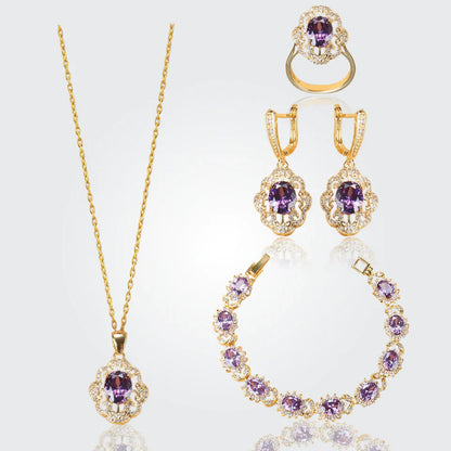 Truly Aurora 18K Gold Gemstone Pendant Earring Bracelet & Ring Set For Women