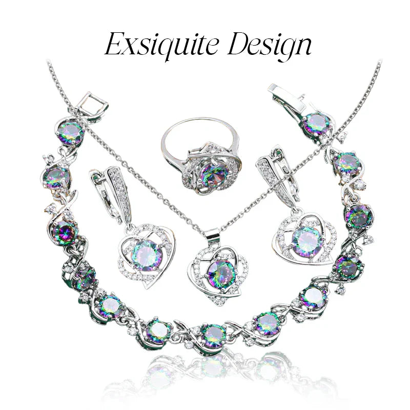 Royal Heart-Shaped Silver Hand - Crafted Gemstone Pendant Earring Bracelet & Ring Set For Women