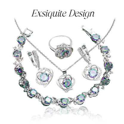 Royal Heart-Shaped Silver Hand - Crafted Gemstone Pendant Earring Bracelet & Ring Set For Women