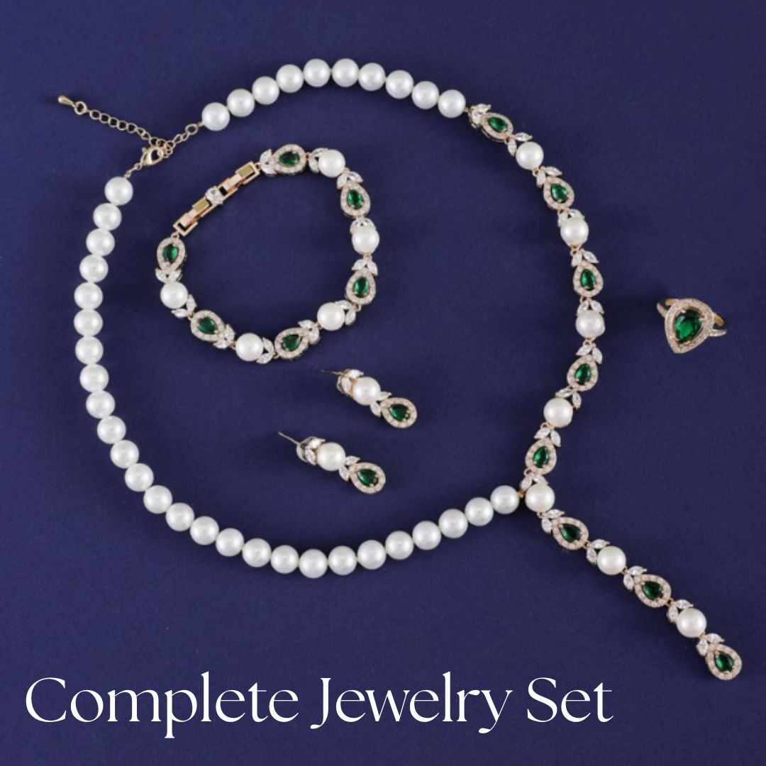 Luxeora Luxury Jewelry Set - Elegant Pearl Studded Zircon Bracelet Necklace Earrings & Ring Set
