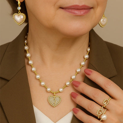 Ocean Pure Heart - Luxury Pearl & 18K Gold Necklace Set Includes Stunning Bracelet and Stud Earrings Jewelry