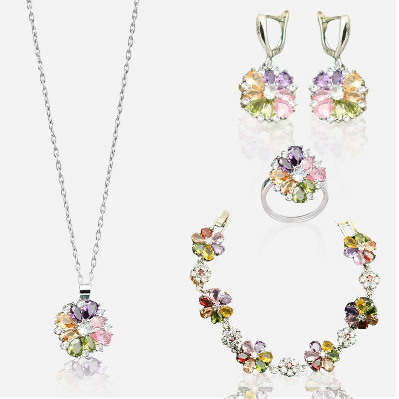 Garden of Jewels - Gold & Silver Hand - Crafted Pendant Earring Bracelet & Ring Set For Women