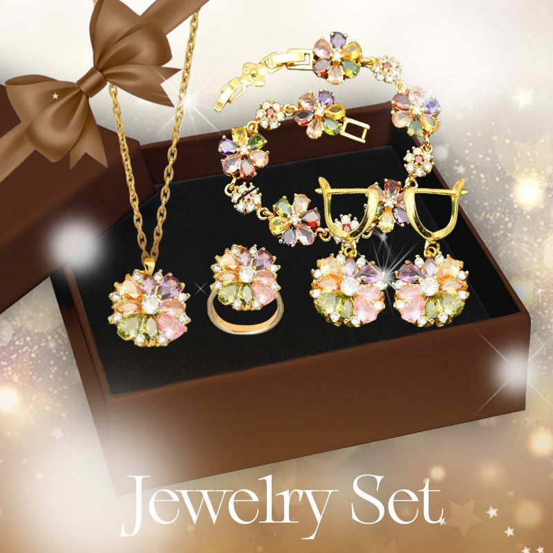 Garden of Jewels - Gold & Silver Hand - Crafted Pendant Earring Bracelet & Ring Set For Women
