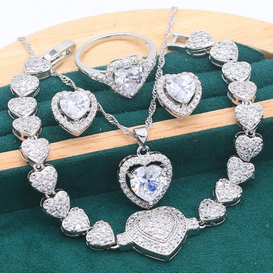 Pearl Blossom Petal-Shaped  Silver Pendant Earring Bracelet & Ring Set For Women