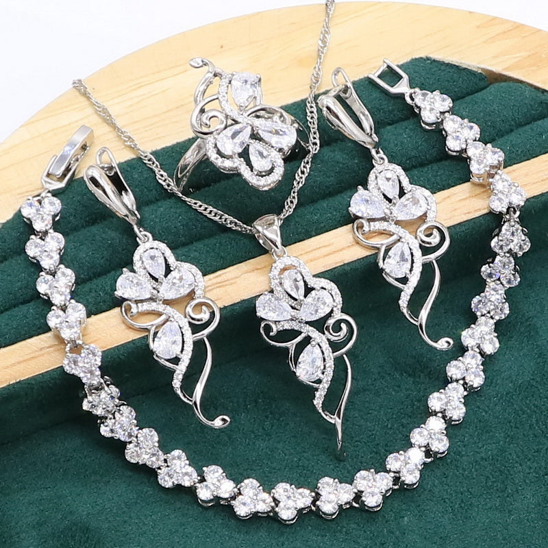 Pearl Blossom Petal-Shaped  Silver Pendant Earring Bracelet & Ring Set For Women