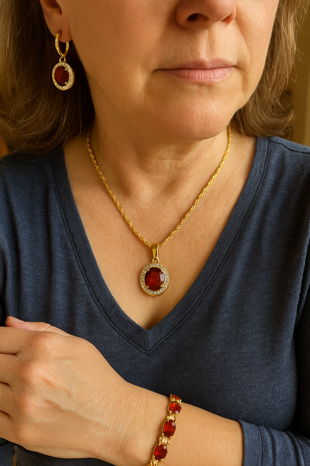 Summer Ember - July birthstone - Luxury Peridot Ruby Pendant Earring Bracelet & Ring Set For Women