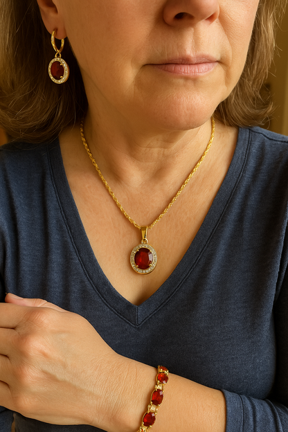 Summer Ember - July birthstone - Luxury Peridot Ruby Pendant Earring Bracelet & Ring Set For Women