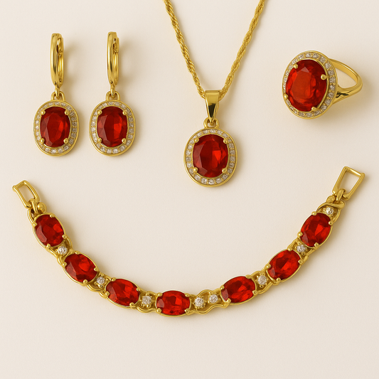Summer Ember - July birthstone - Luxury Peridot Ruby Pendant Earring Bracelet & Ring Set For Women