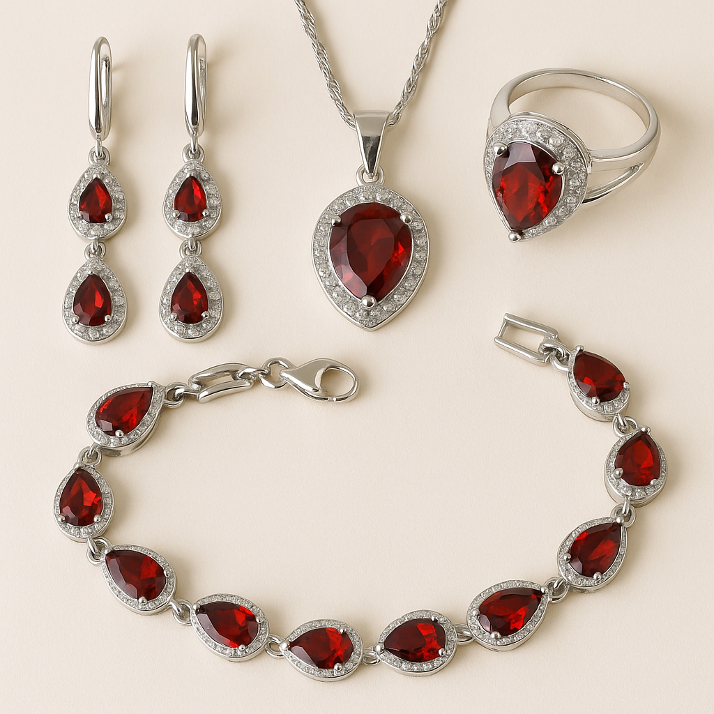 Scarlet Sol - July birthstone - Luxury Peridot Ruby Pendant Earring Bracelet & Ring Set For Women