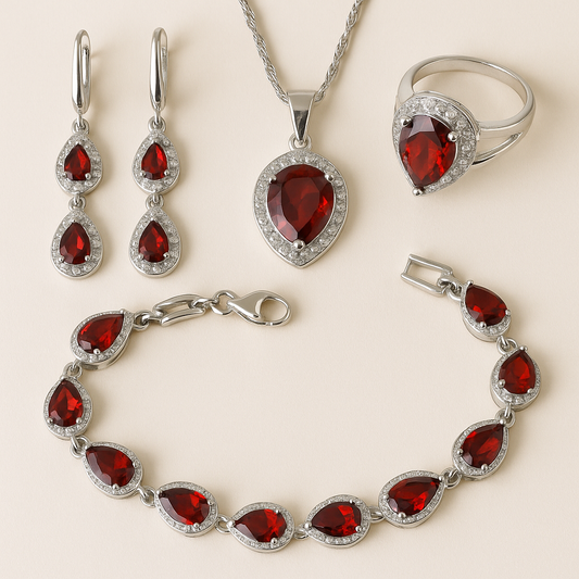Scarlet Sol - July birthstone - Luxury Peridot Ruby Pendant Earring Bracelet & Ring Set For Women