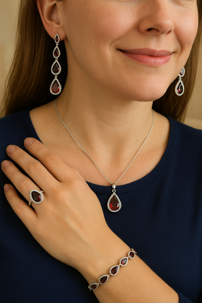 Scarlet Sol - July birthstone - Luxury Peridot Ruby Pendant Earring Bracelet & Ring Set For Women