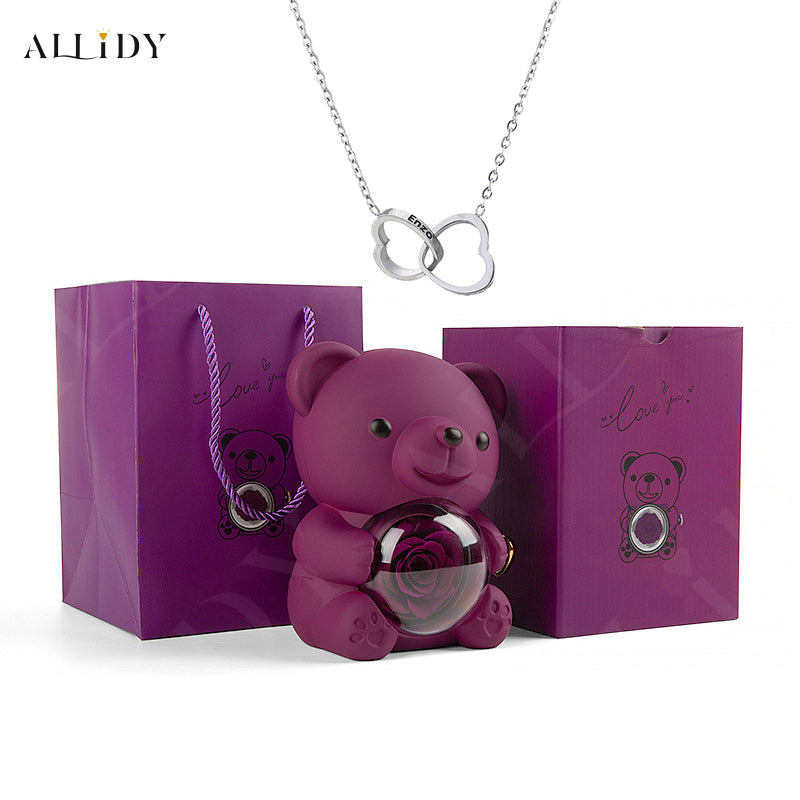 Truly Preserved Eternal Rose Bear Box & Customized Necklace for Mom, Wife, Girlfriend and Grandma on ValentinesDay, Mothers Day