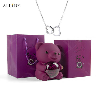 Truly Preserved Eternal Rose Bear Box & Customized Necklace for Mom, Wife, Girlfriend and Grandma on ValentinesDay, Mothers Day