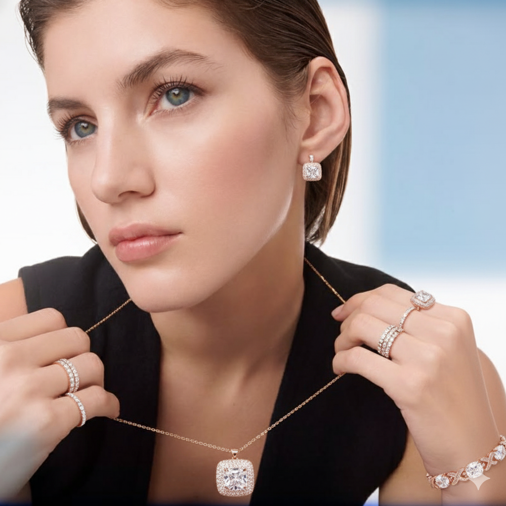 AzureGrace - Luxury Blue Zircon 4-Piece Jewelry Set — Gold-Tone 925 Sterling Silver Necklace, Earrings, Bracelet & Ring